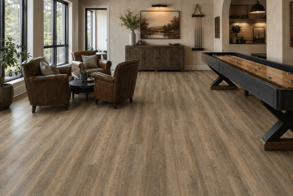 Living room with warm wood-look flooring for room visualizer preview
