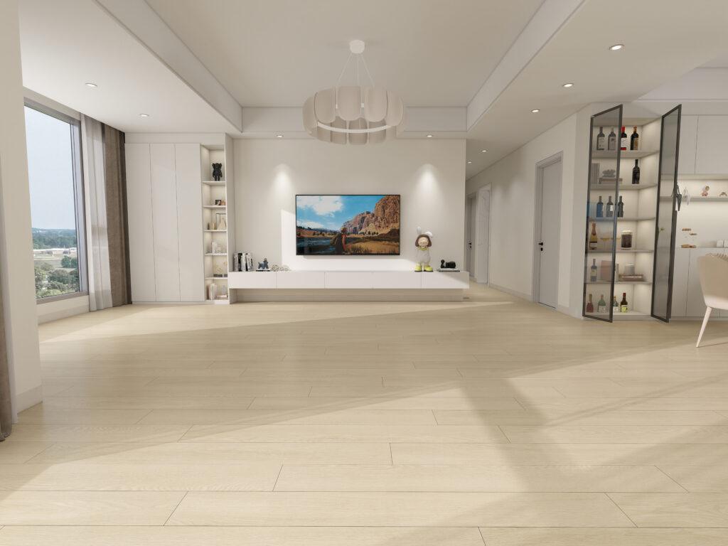 Light wood-look vinyl flooring arranged in parallel rows in a bright living room