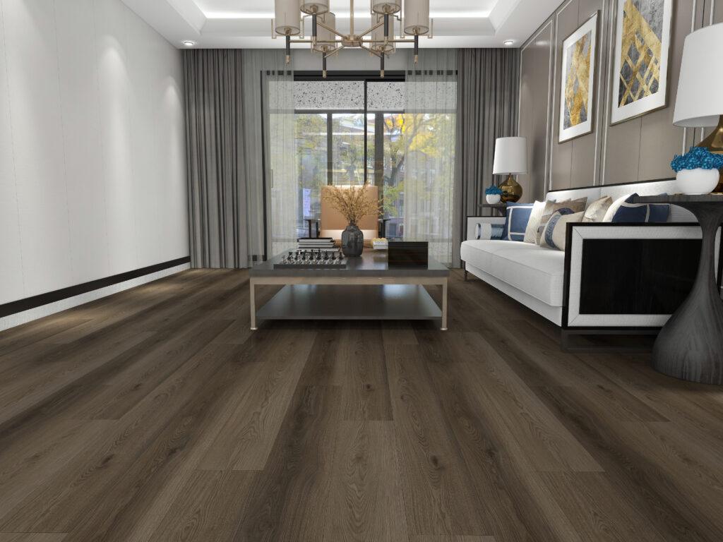 Dark wood-look vinyl planks running toward a window in a furnished living room